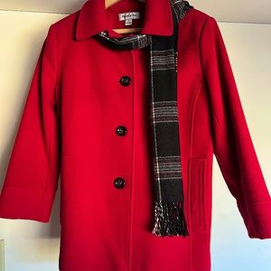 Cardinal red wool coat with scarf. 80 percent wool. 20 percent nylon with lining